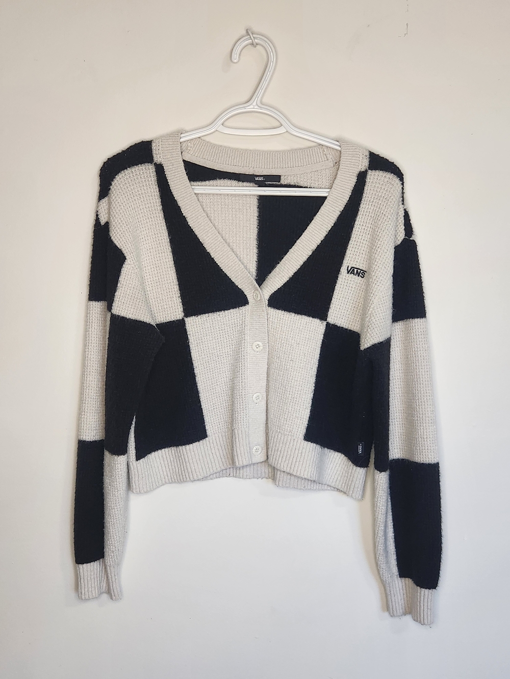 Vans Women's Black and Cream Checkerboard Button-Front Cardigan